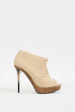 Beige Raffia Platform Peep Toe Bootie