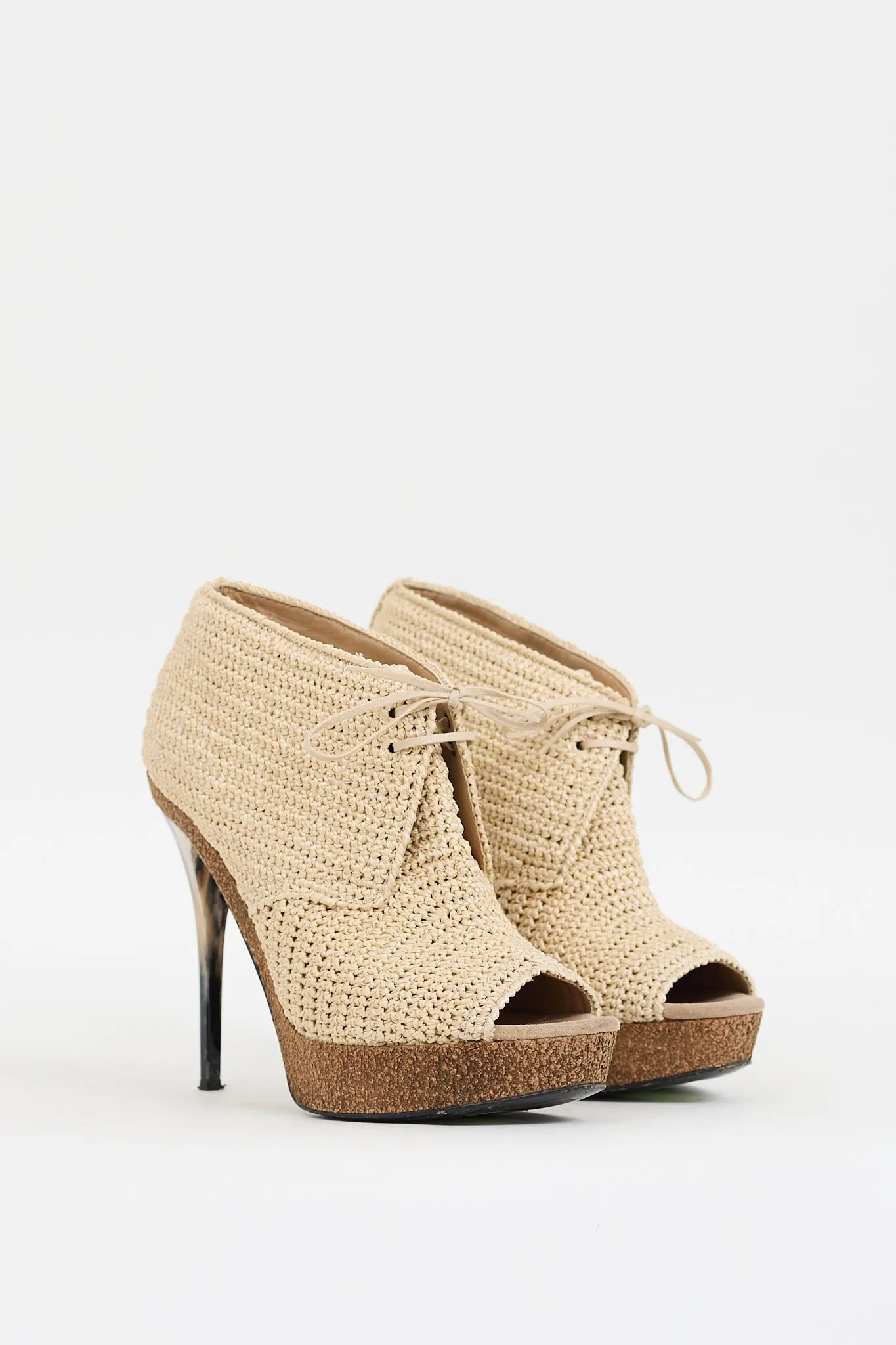 Beige Raffia Platform Peep Toe Bootie