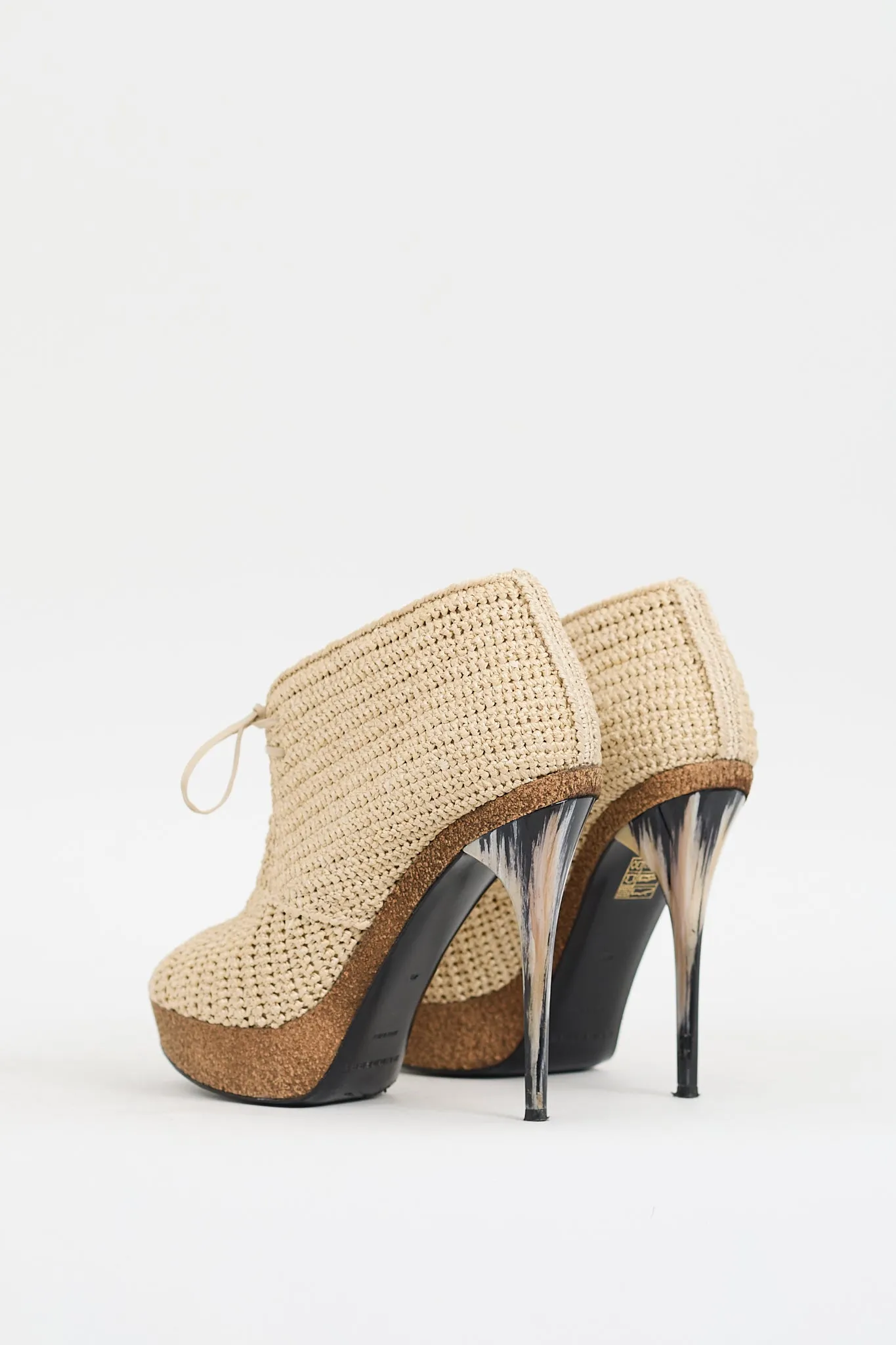 Beige Raffia Platform Peep Toe Bootie