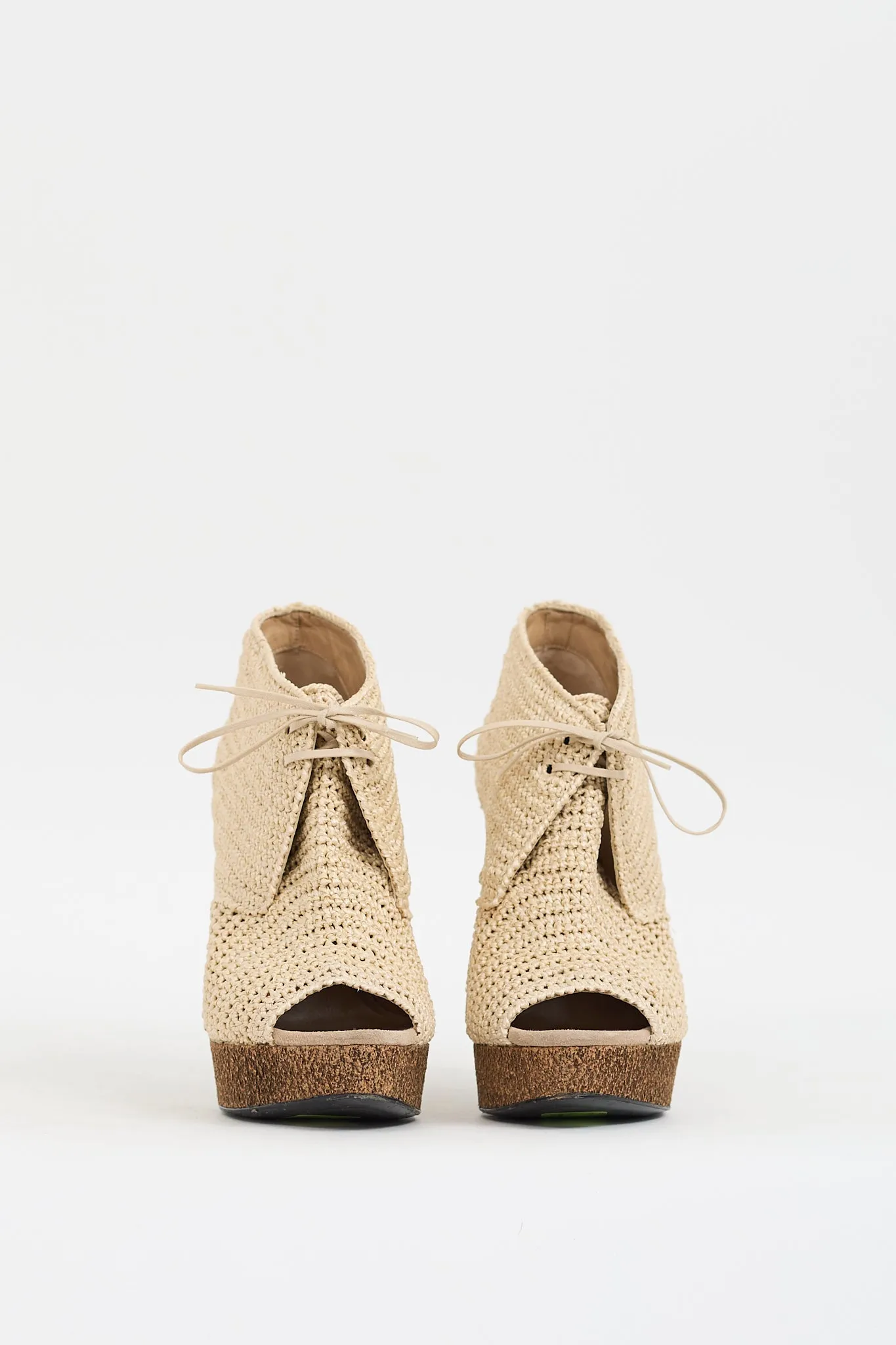 Beige Raffia Platform Peep Toe Bootie