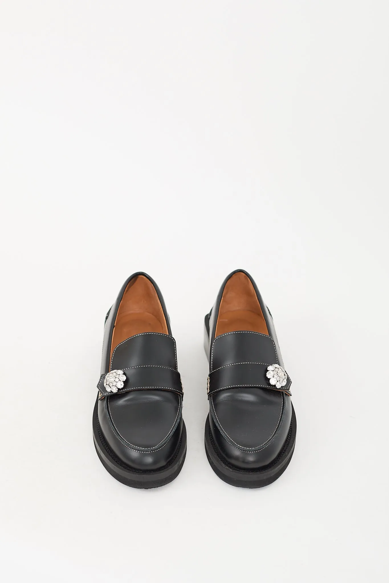 Black Leather Embellished Heeled Loafer