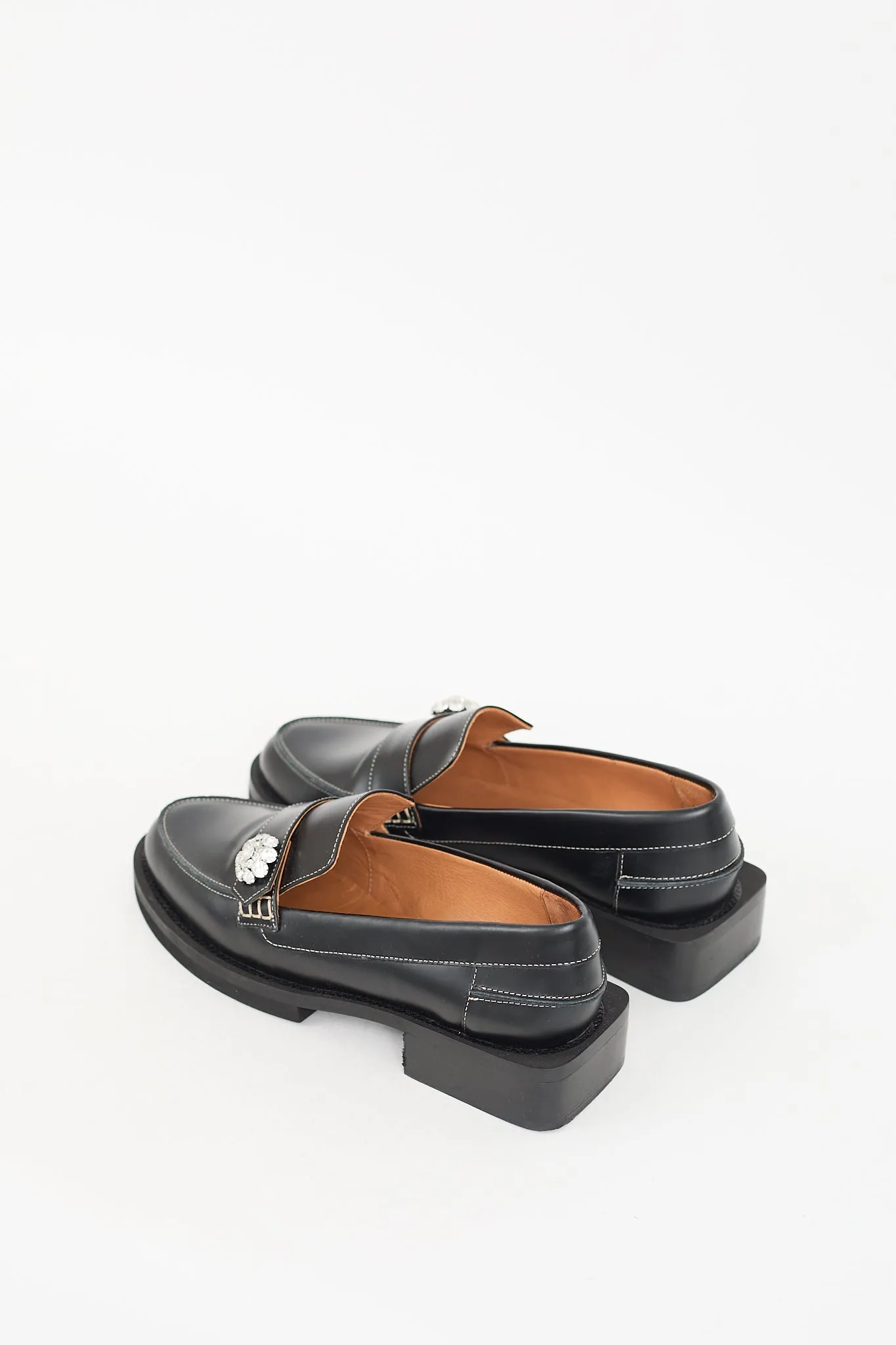 Black Leather Embellished Heeled Loafer