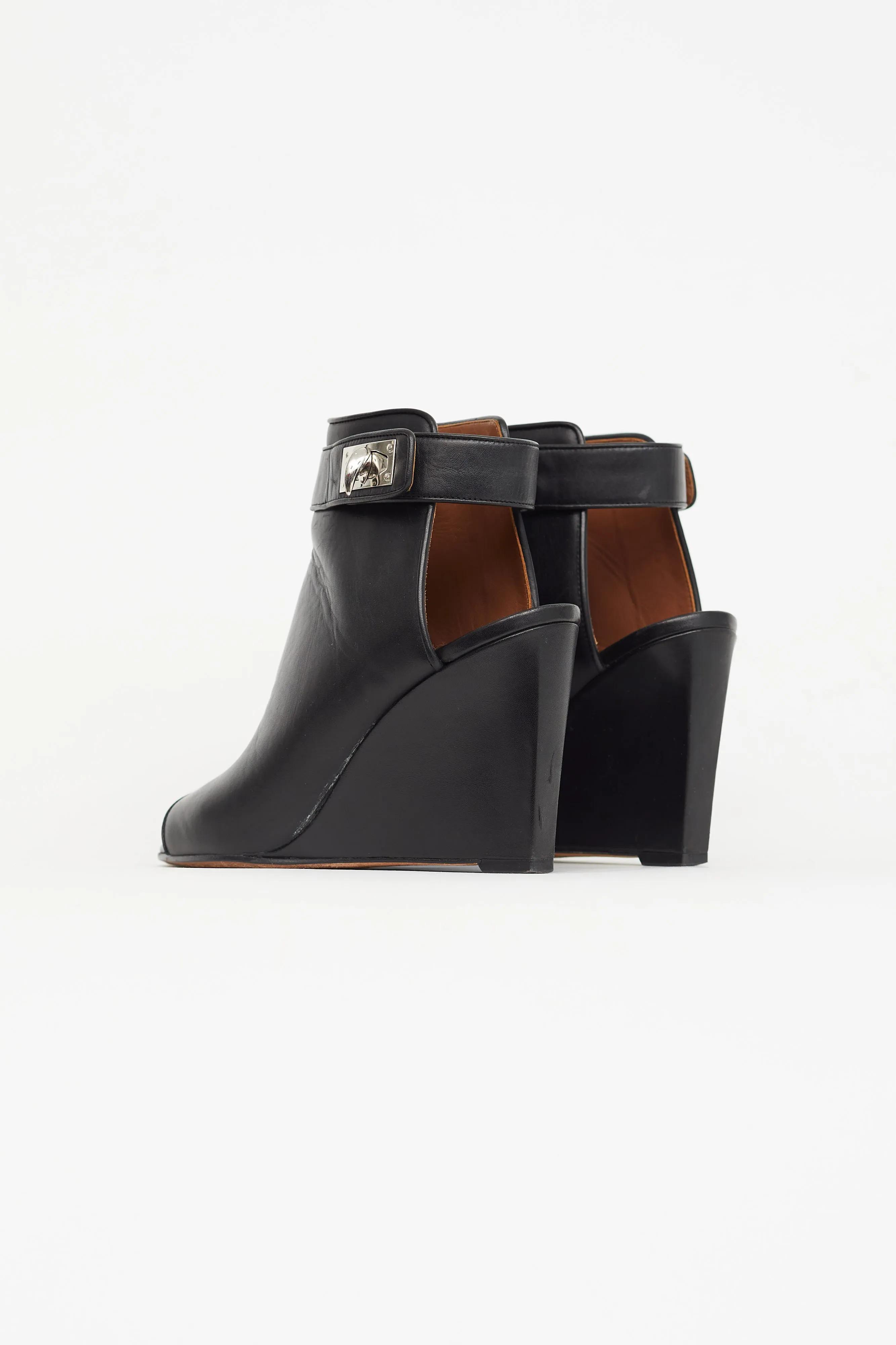 Black Leather Peep Toe Ankle Boot