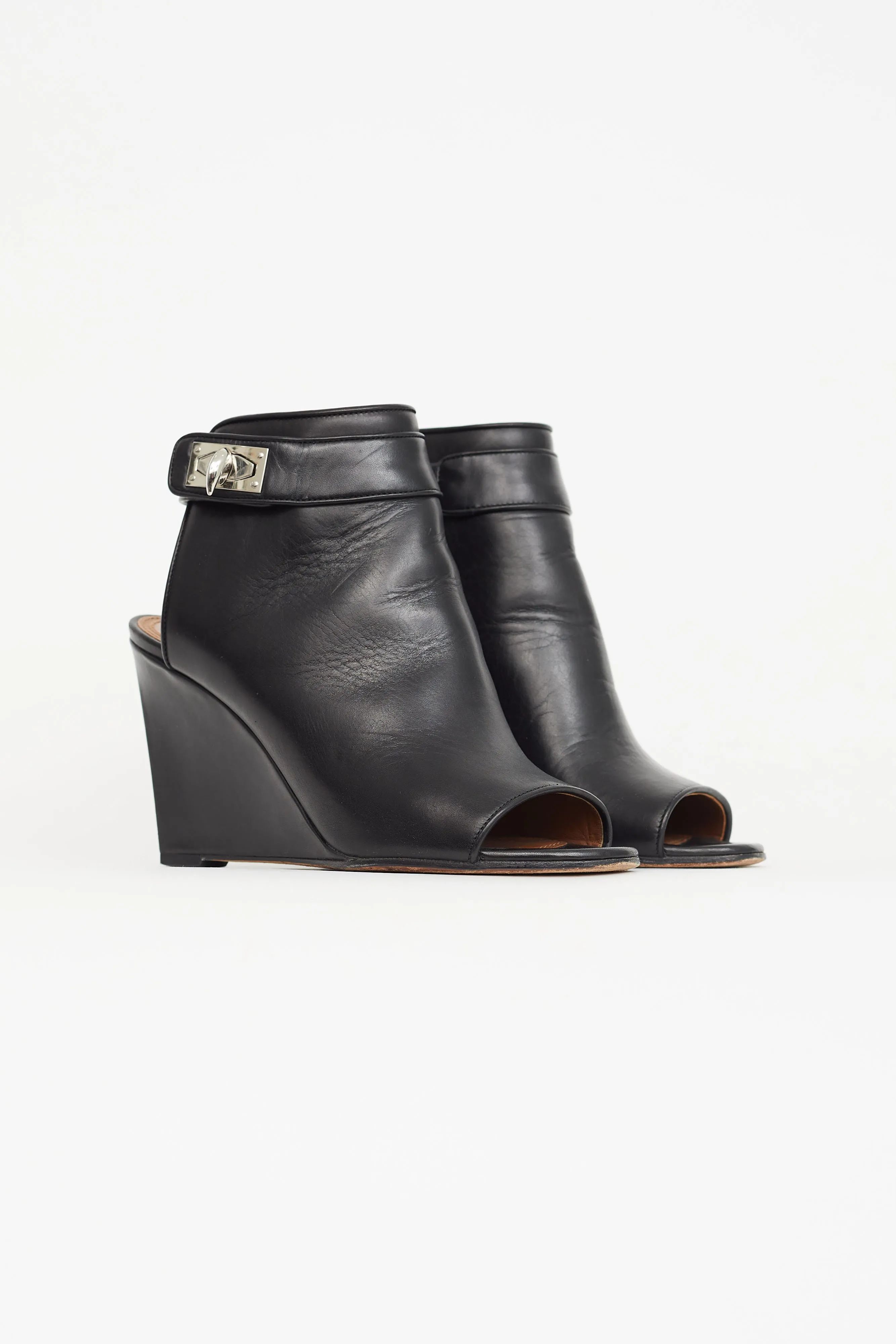 Black Leather Peep Toe Ankle Boot