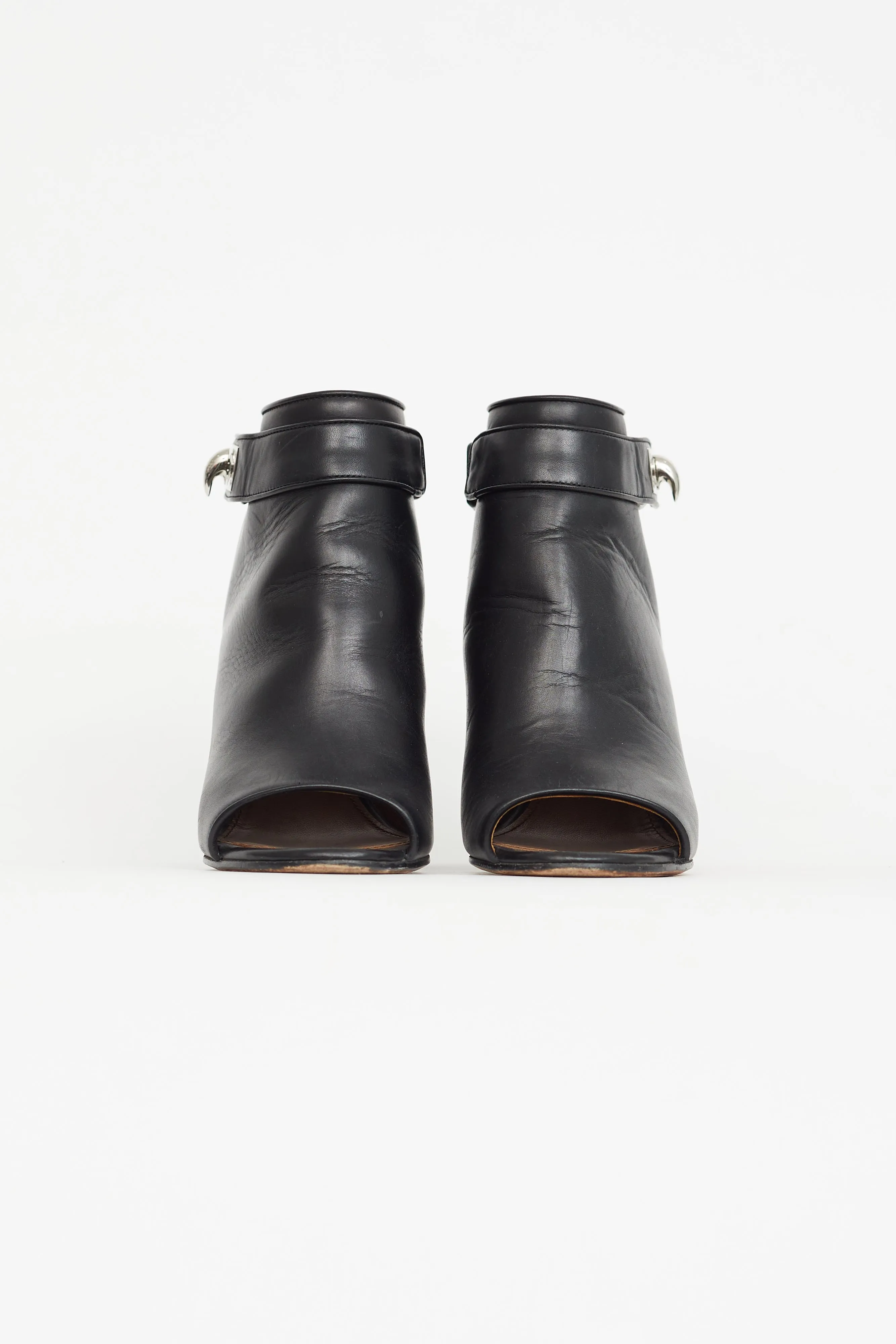 Black Leather Peep Toe Ankle Boot