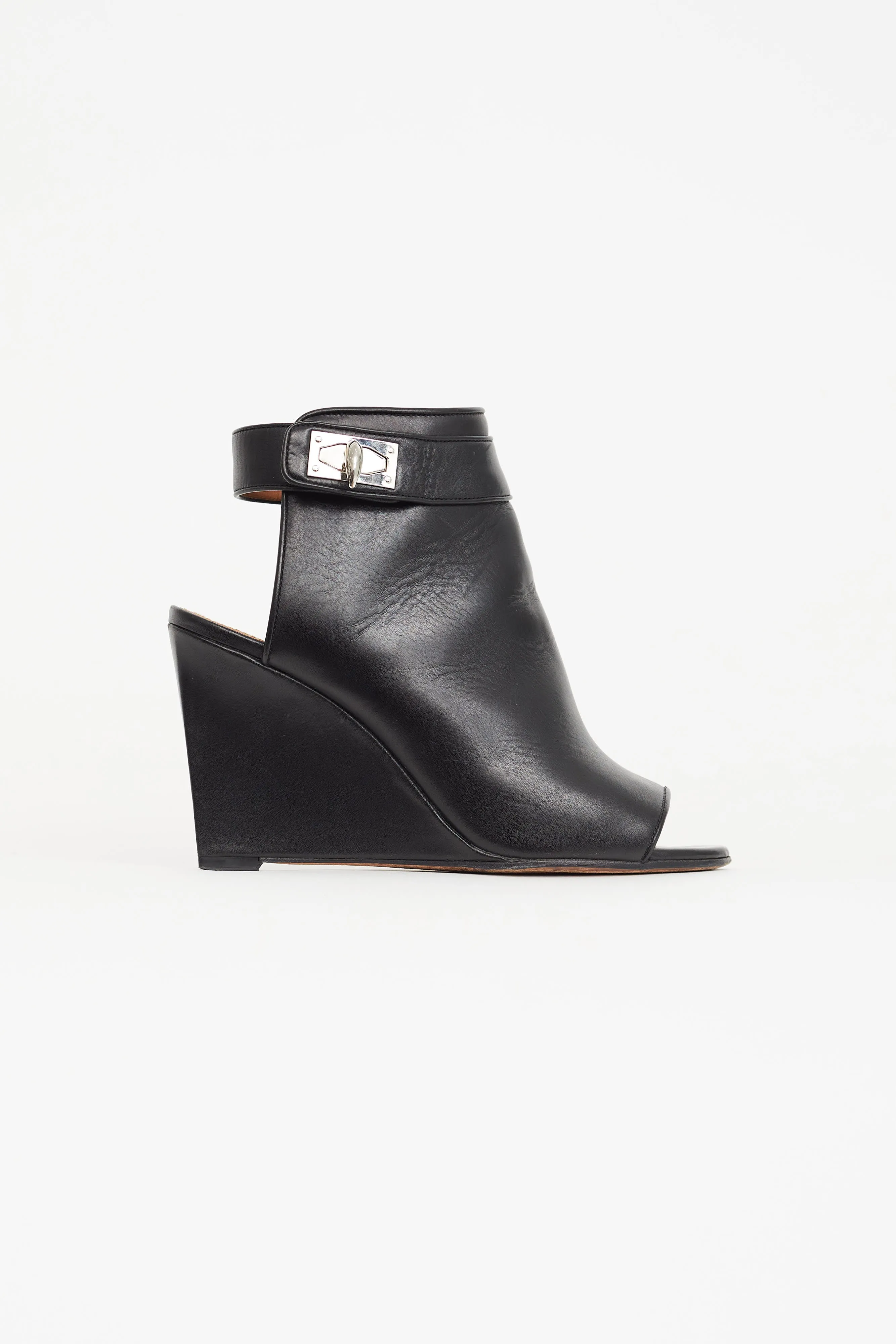 Black Leather Peep Toe Ankle Boot