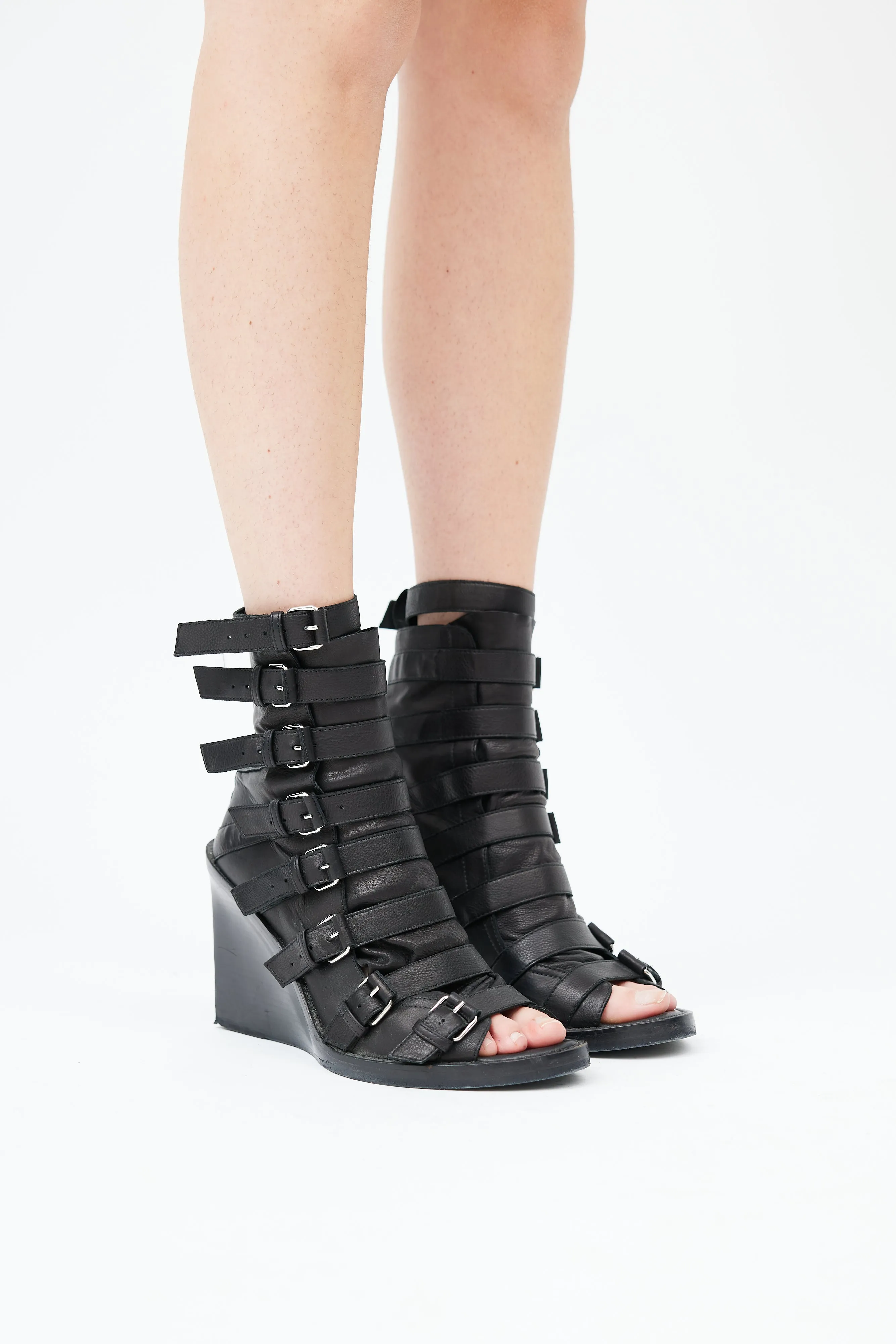 Black Strappy Leather Peep Toe Boot