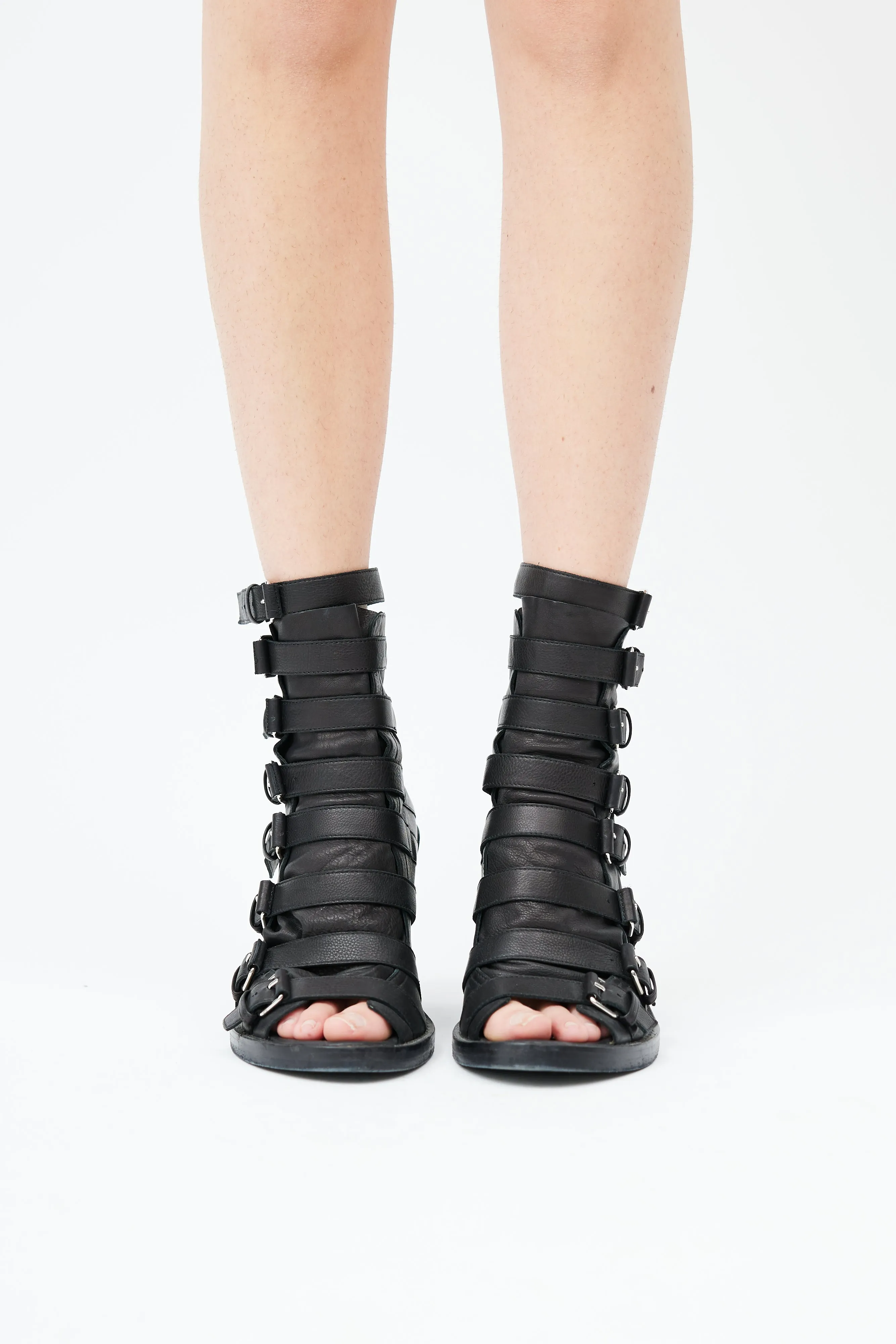 Black Strappy Leather Peep Toe Boot