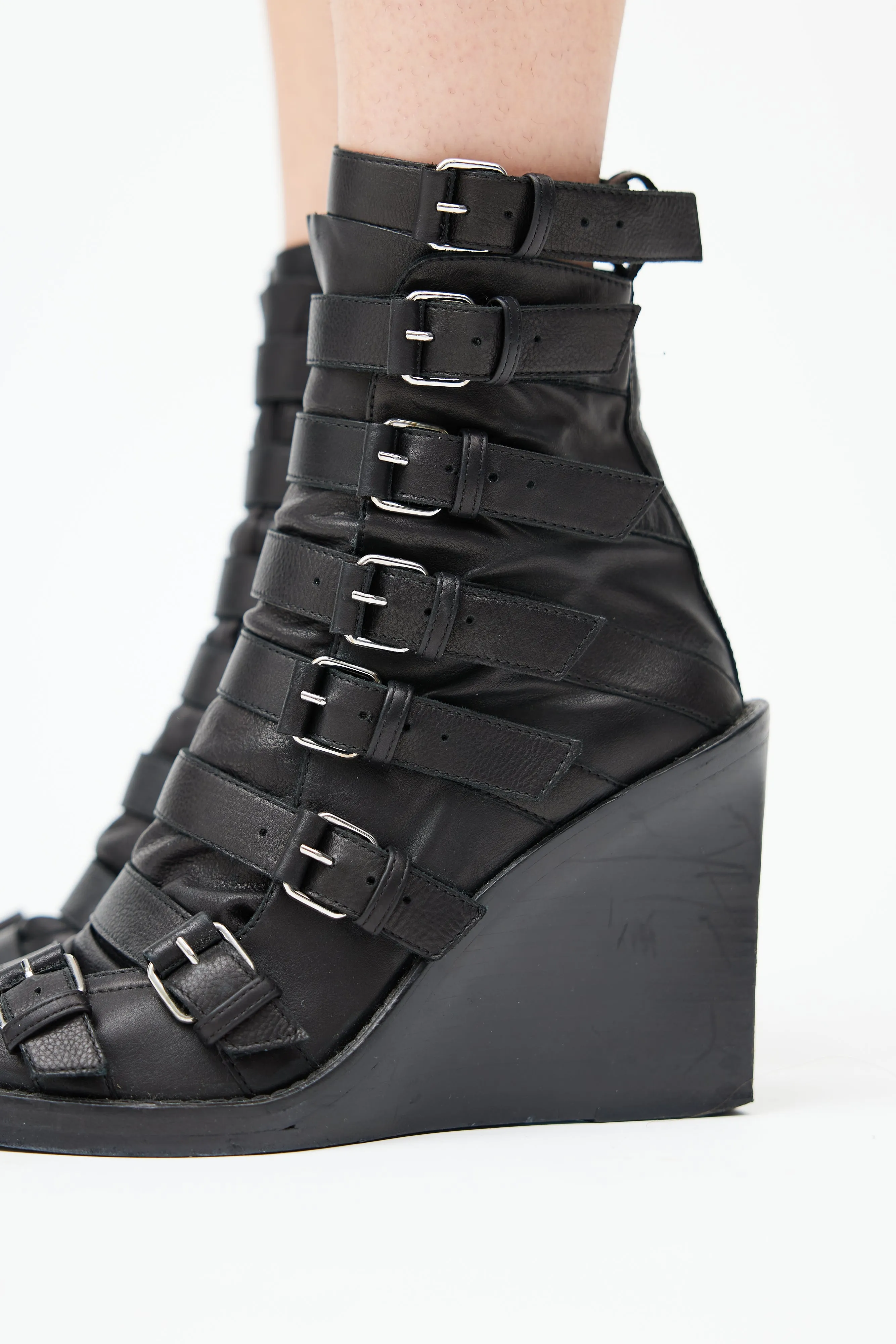 Black Strappy Leather Peep Toe Boot
