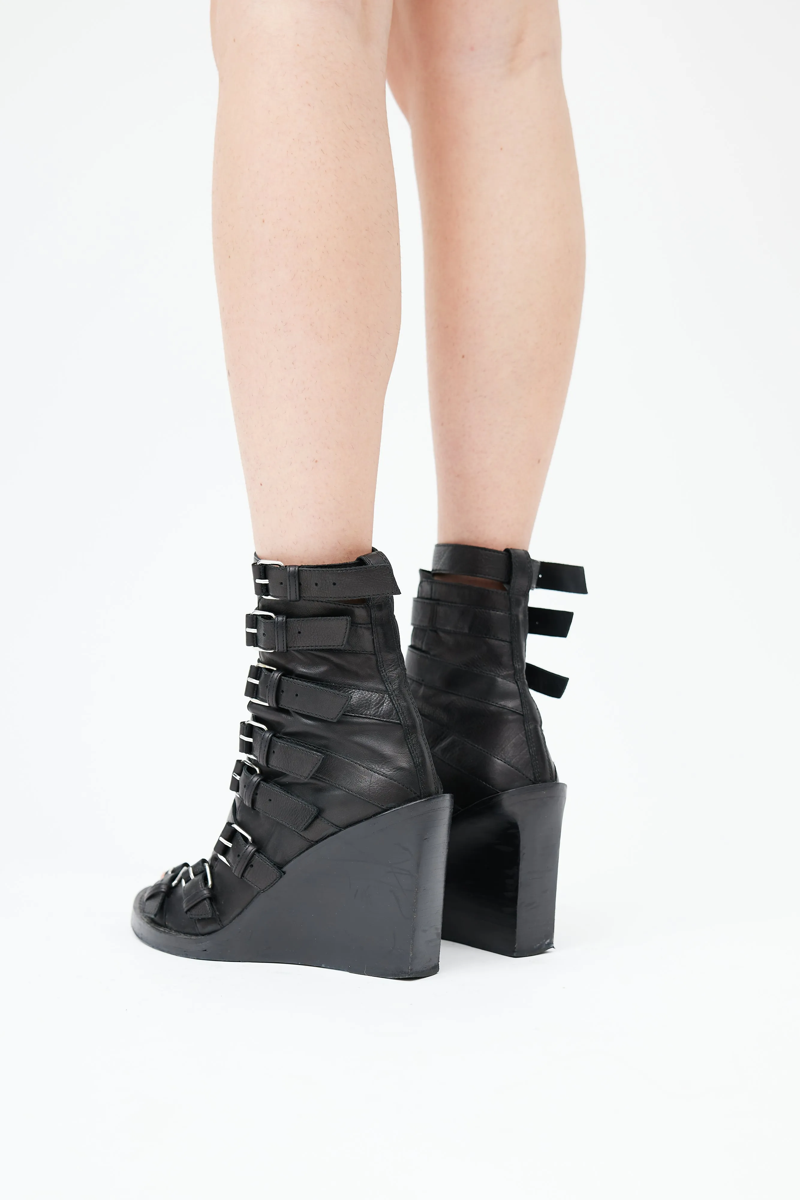 Black Strappy Leather Peep Toe Boot