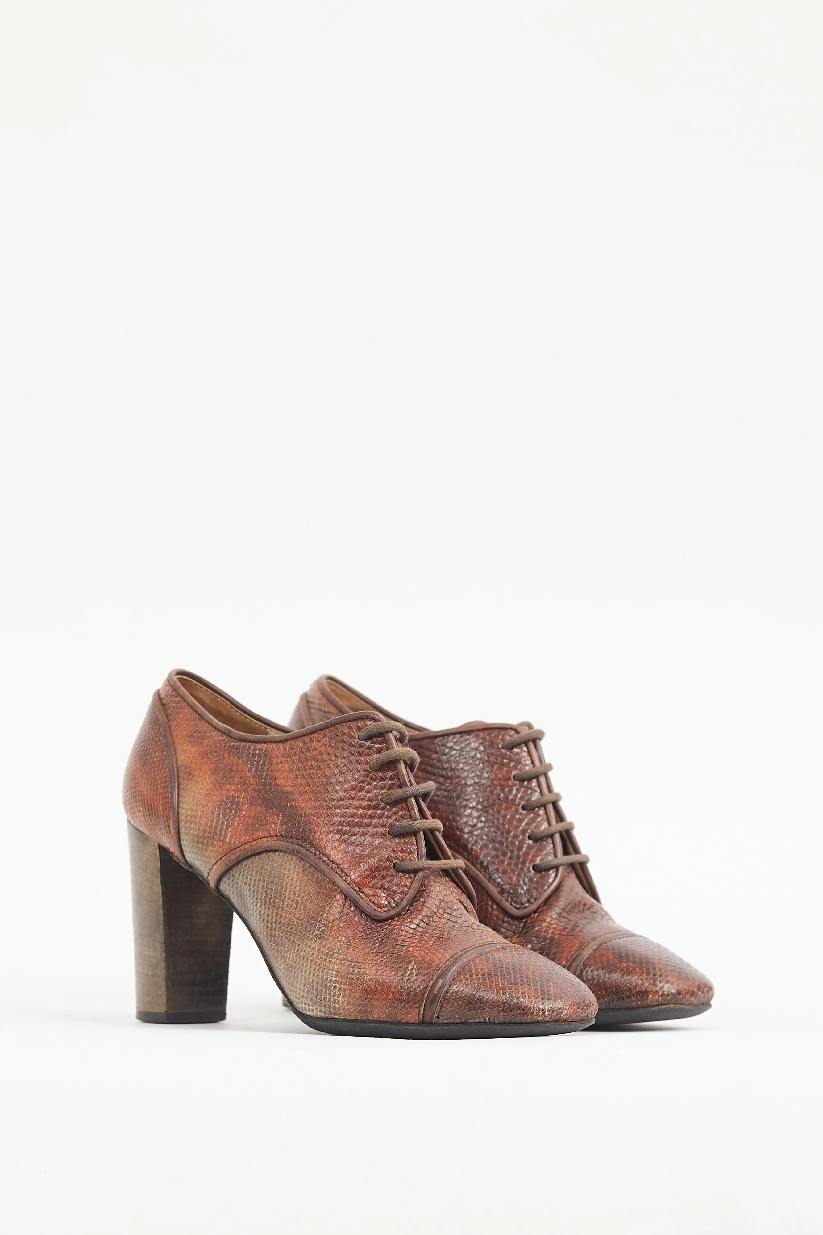 Brown & Multicolour Textured Leather Lace Up Bootie