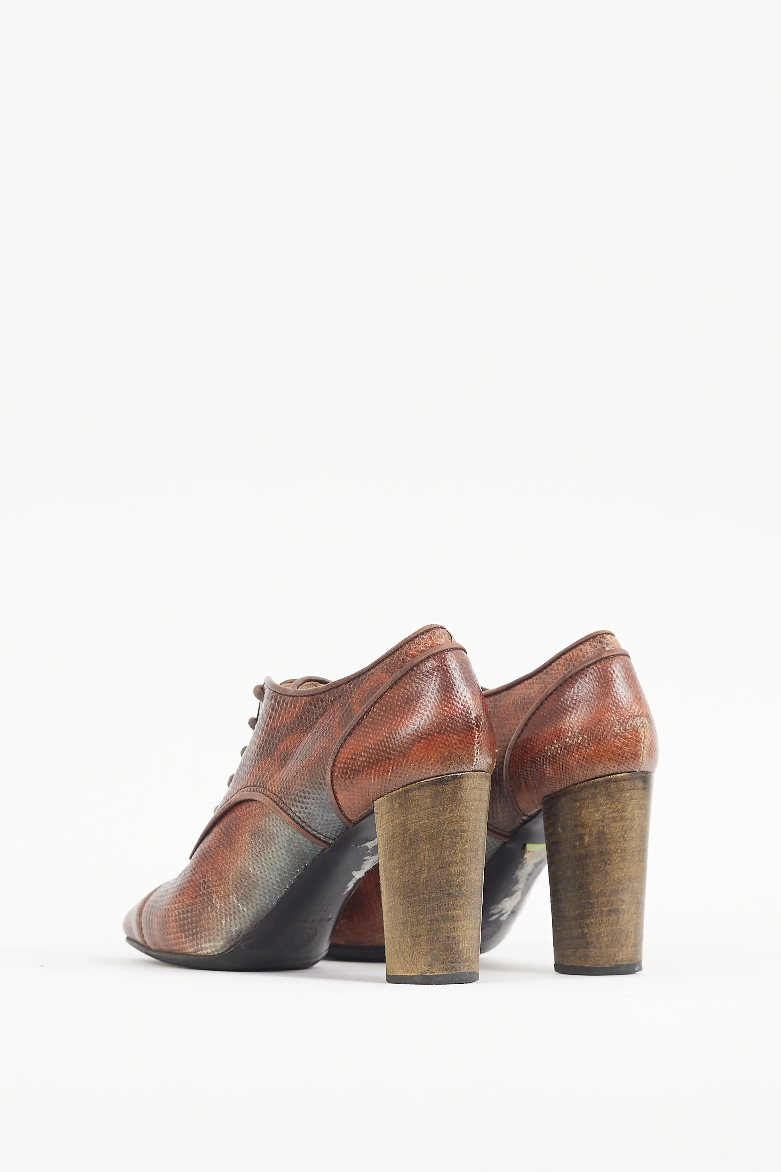 Brown & Multicolour Textured Leather Lace Up Bootie