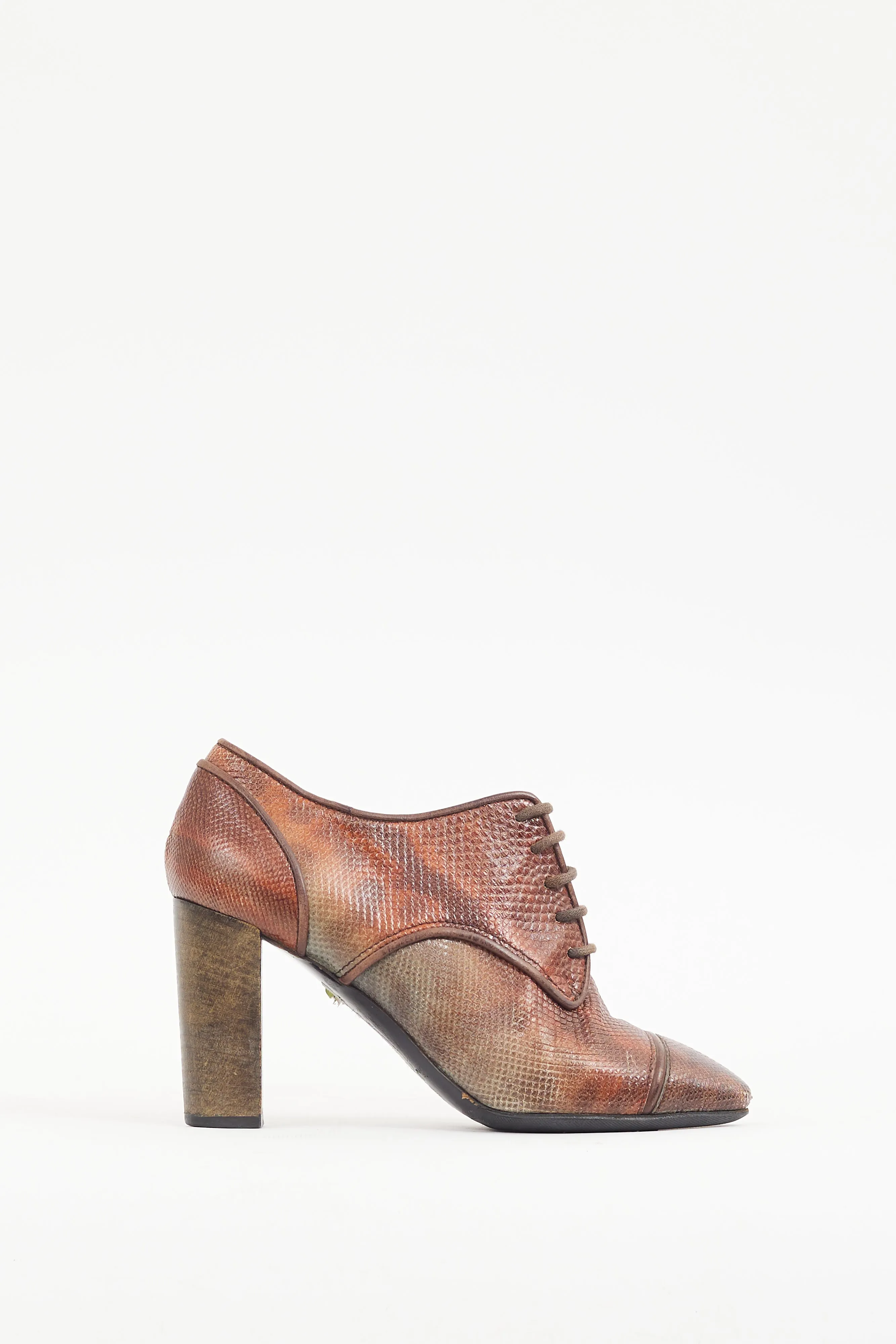 Brown & Multicolour Textured Leather Lace Up Bootie
