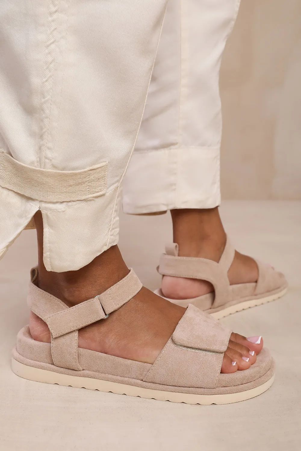 Camel Suede Designer Velcro Strap Sandals