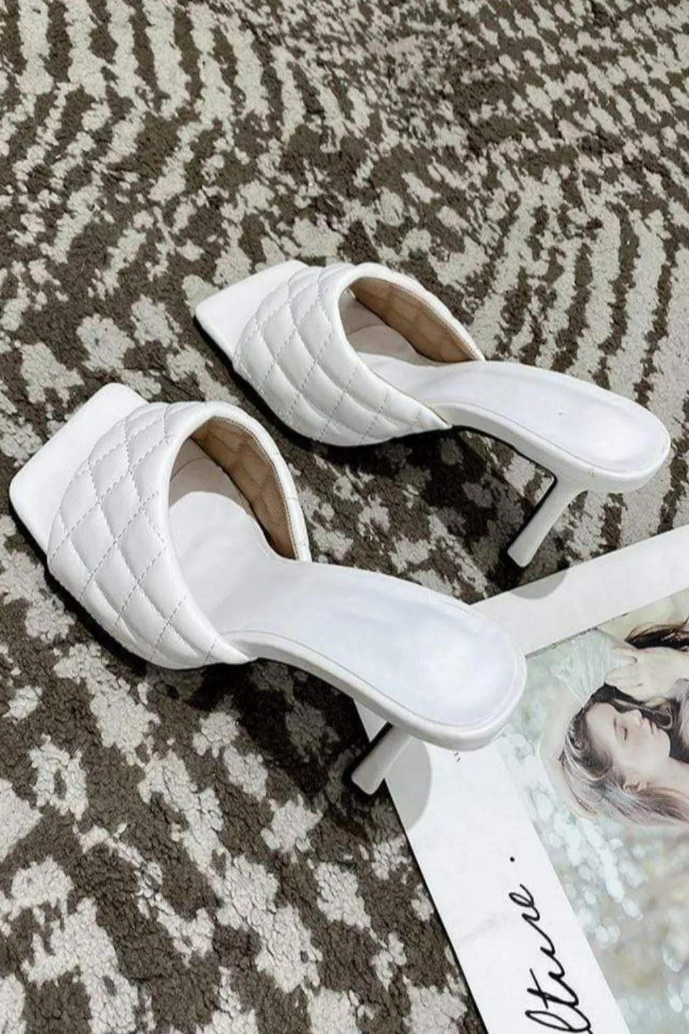 Diamond Peep Toe High Heel Slipper Sandals - White