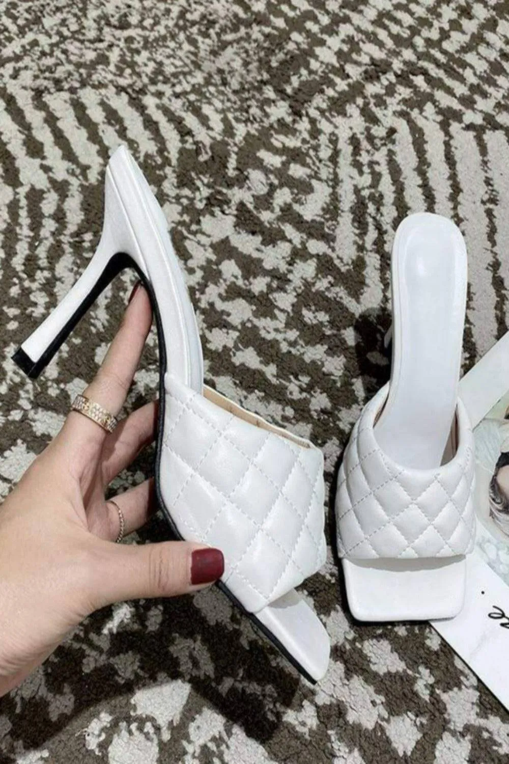 Diamond Peep Toe High Heel Slipper Sandals - White