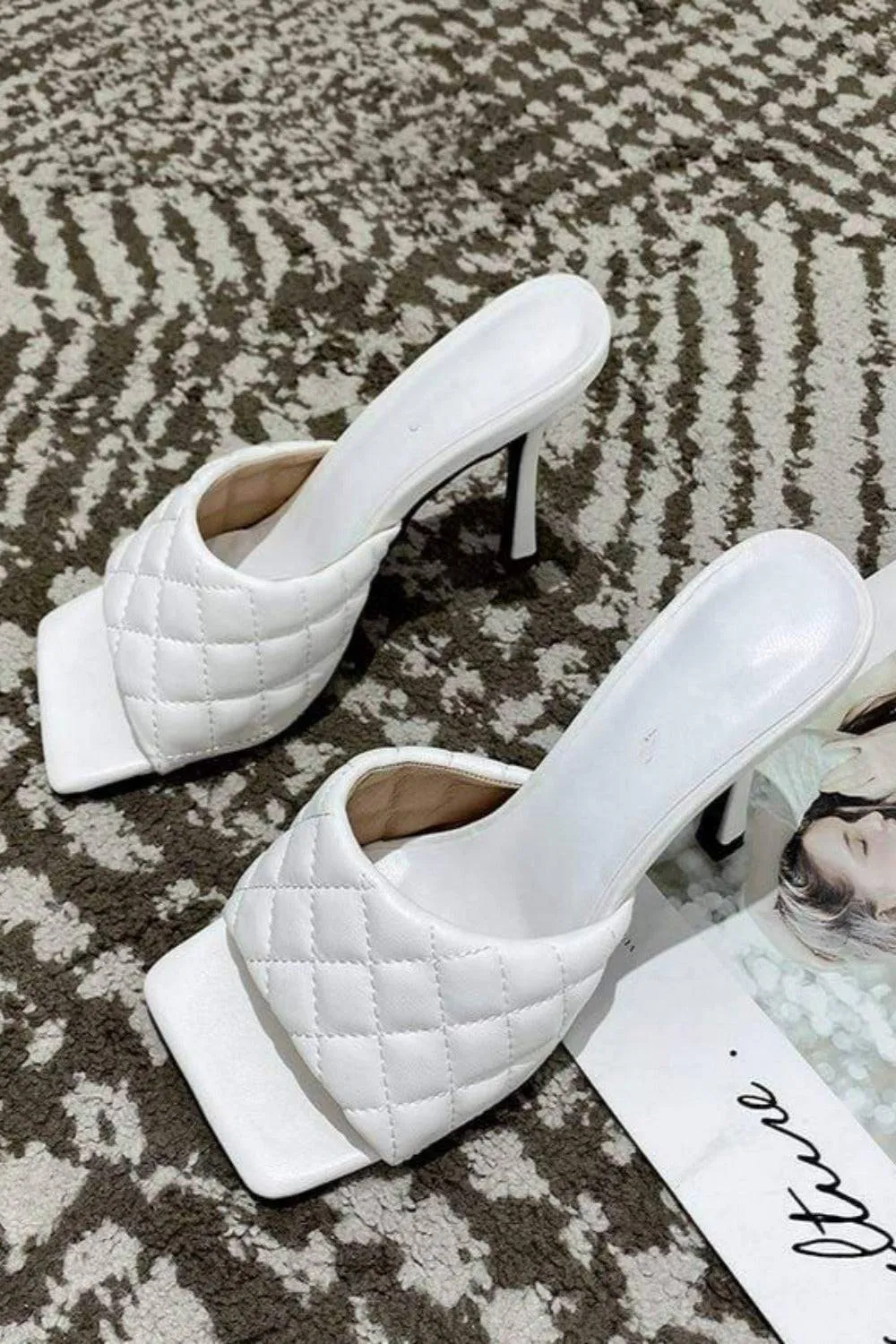 Diamond Peep Toe High Heel Slipper Sandals - White