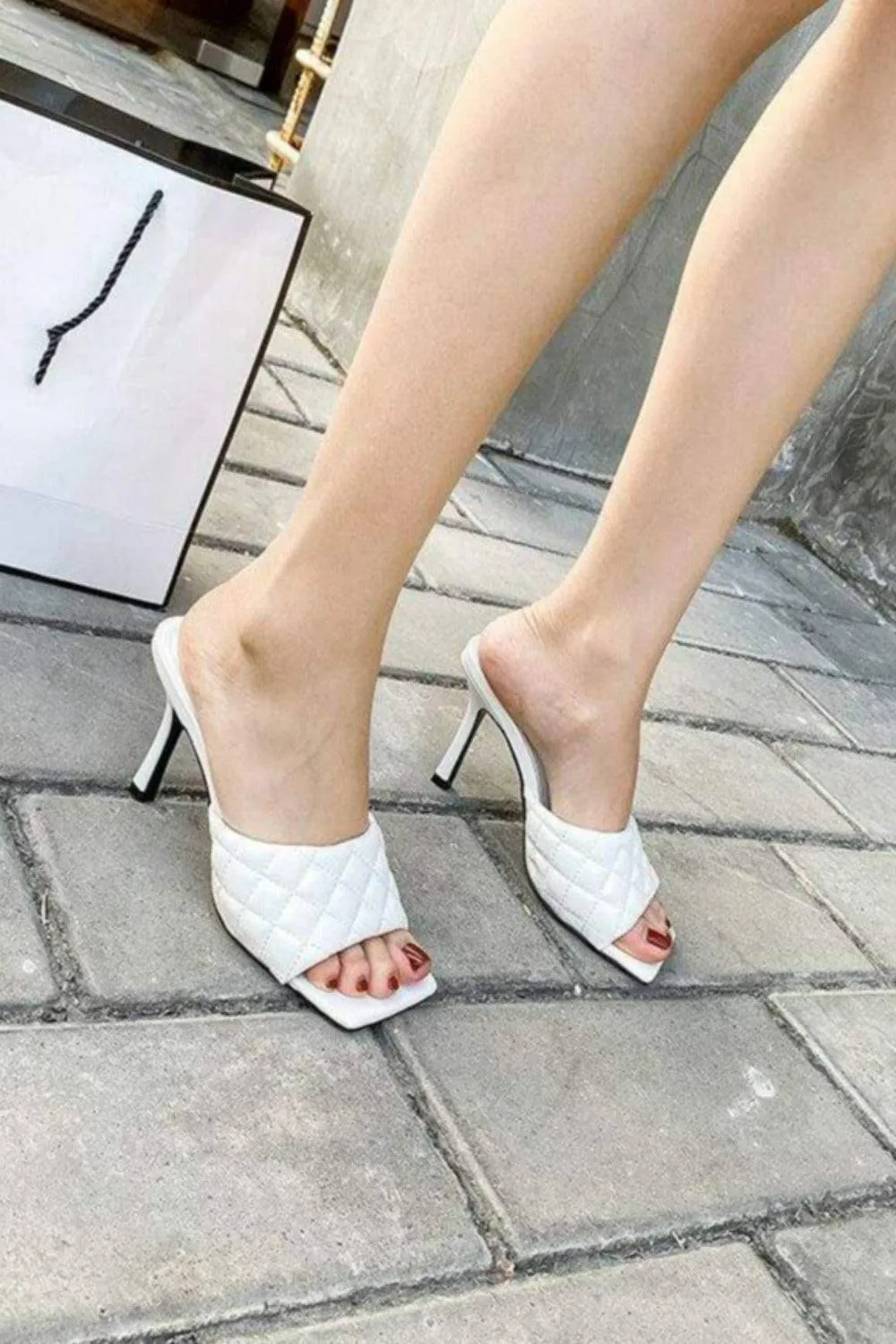 Diamond Peep Toe High Heel Slipper Sandals - White