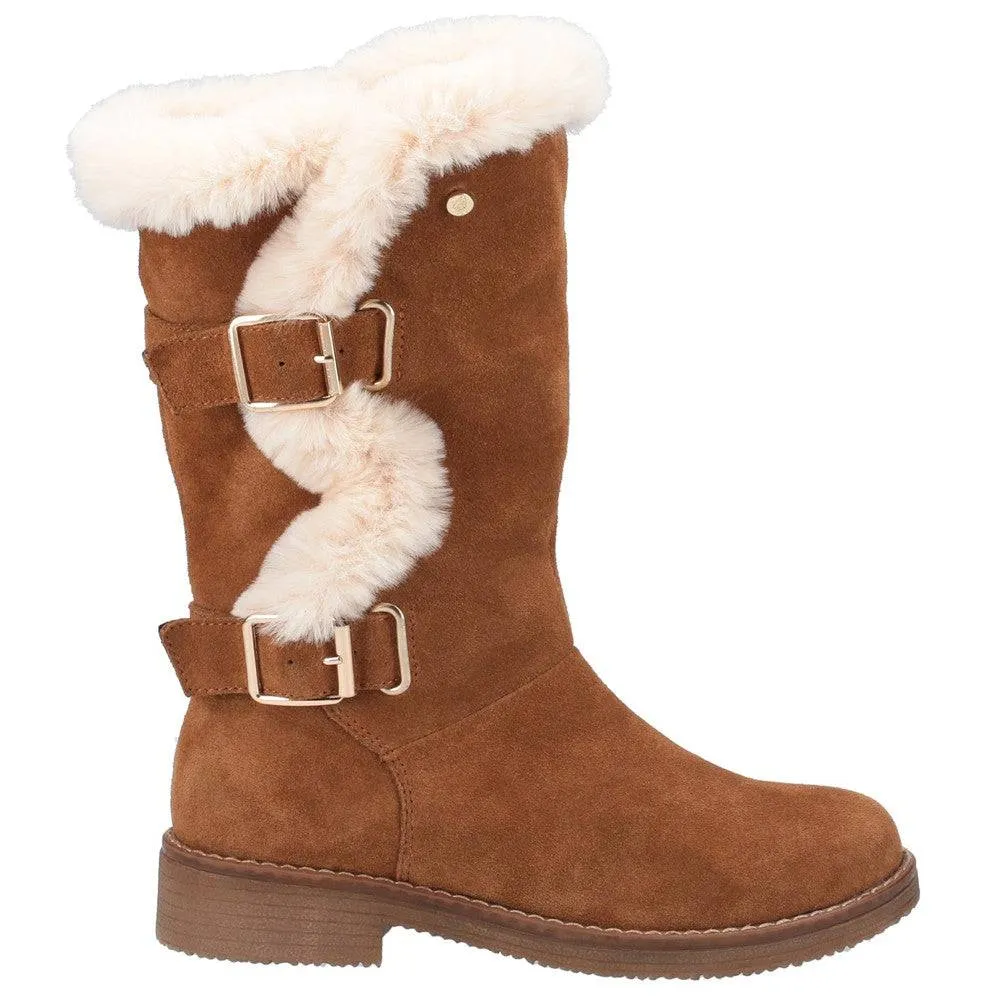 Hush Puppies Megan Ladies Brown Suede Water Resistant Side Zip Mid-Calf Boots