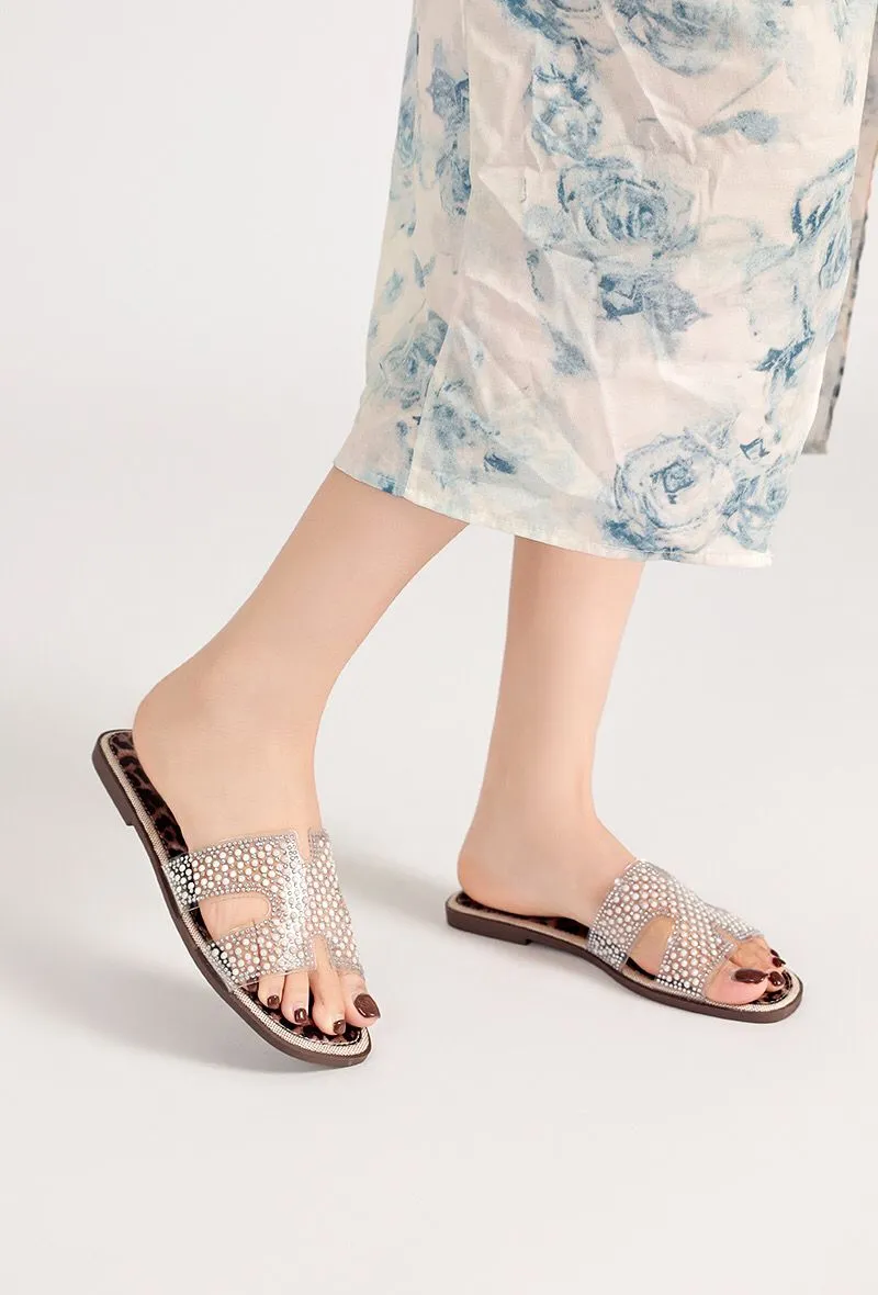 LEOPARD FLAT CLEAR STRAP BEADED DECOR SLIDER SANDALS MULES