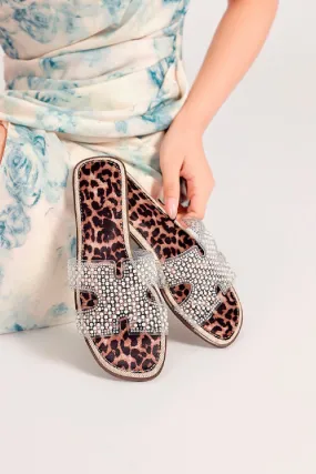 LEOPARD FLAT CLEAR STRAP BEADED DECOR SLIDER SANDALS MULES