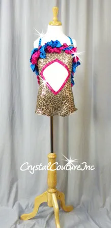 Leopard Print Biketard with Pink/Blue Ruffle Detailing - Rhinestones