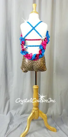 Leopard Print Biketard with Pink/Blue Ruffle Detailing - Rhinestones