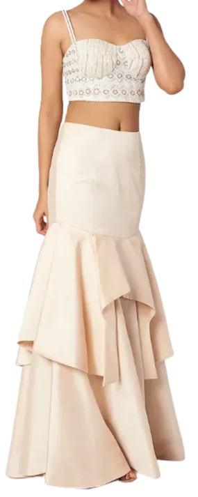 Light Peach Beaded Corset Fanned Lehenga