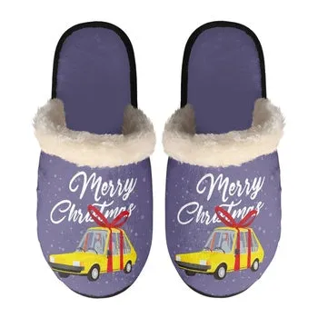 Merry Christmas Print on Demand Artwork Women's Fur Lined House Slippers