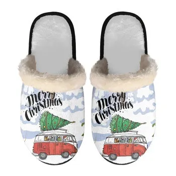 Merry Christmas Print on Demand Artwork Women's Fur Lined House Slippers