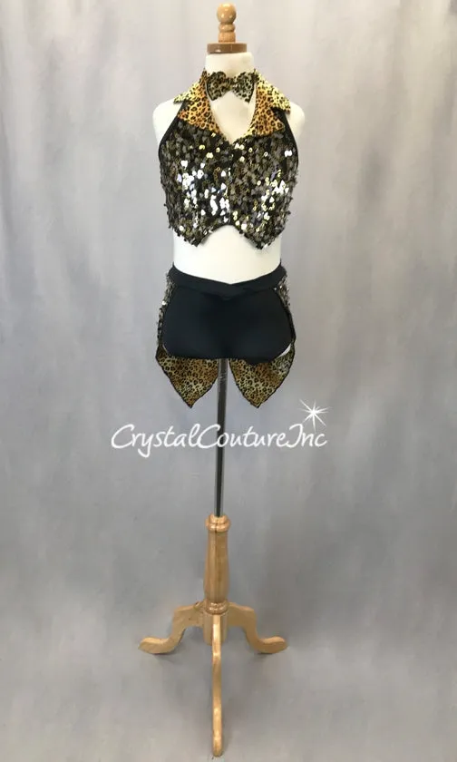 Tuxedo Inspired Black/Gold/Silver Sequin Vest with Booty Shorts/Tails