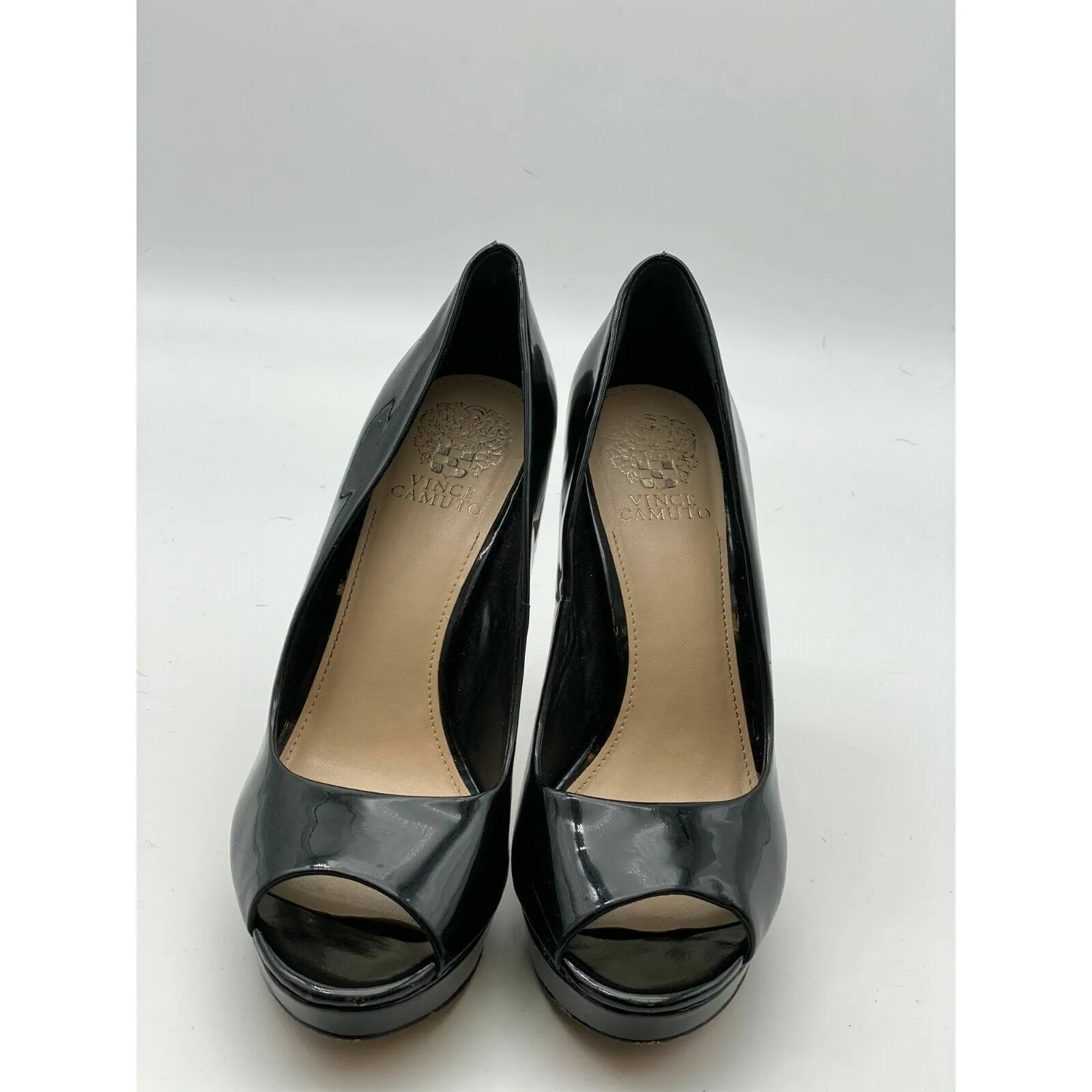 Vince Camuto Heels Womens size Black Patent Leather Platform Open Peep Toe Pumps