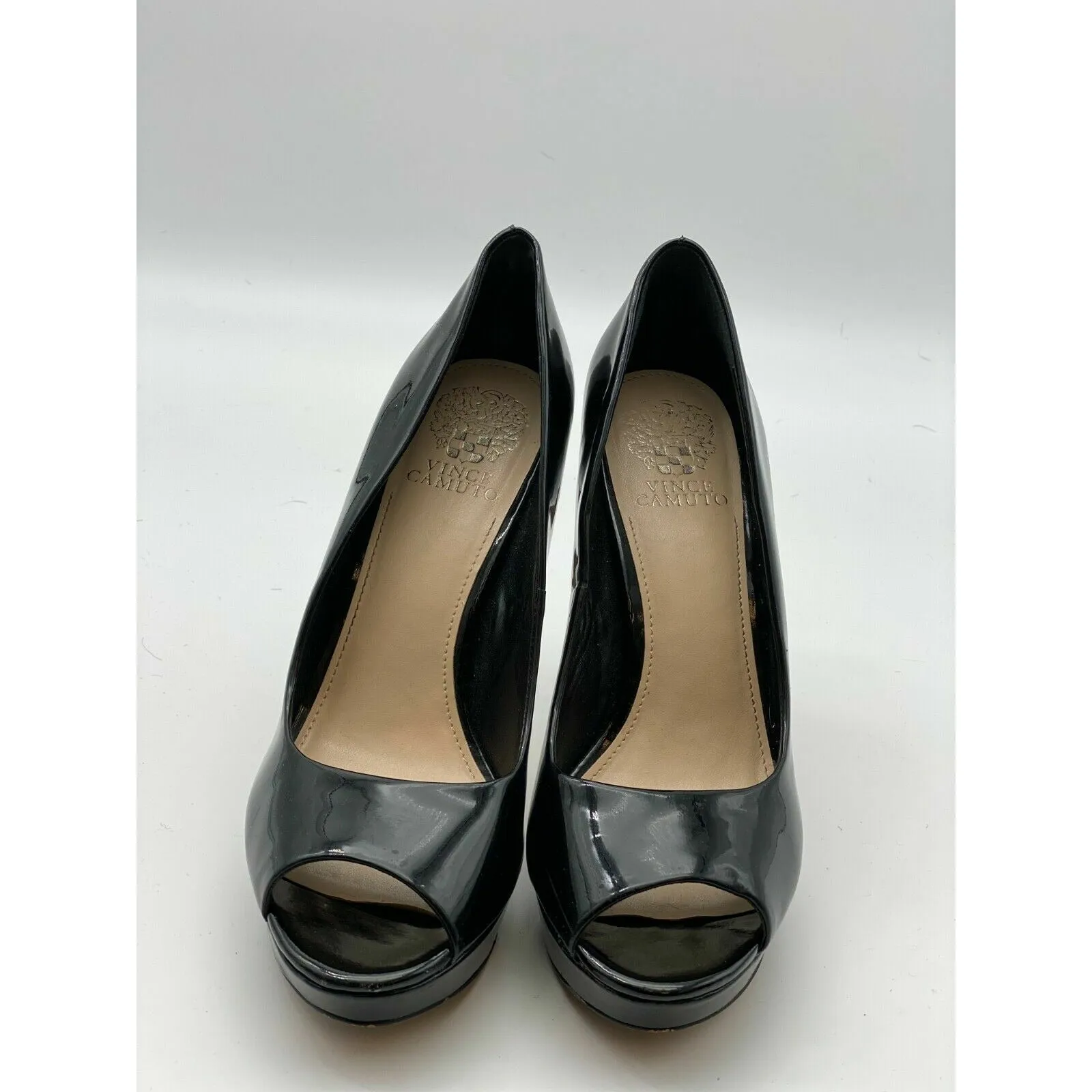 Vince Camuto Heels Womens size Black Patent Leather Platform Open Peep Toe Pumps